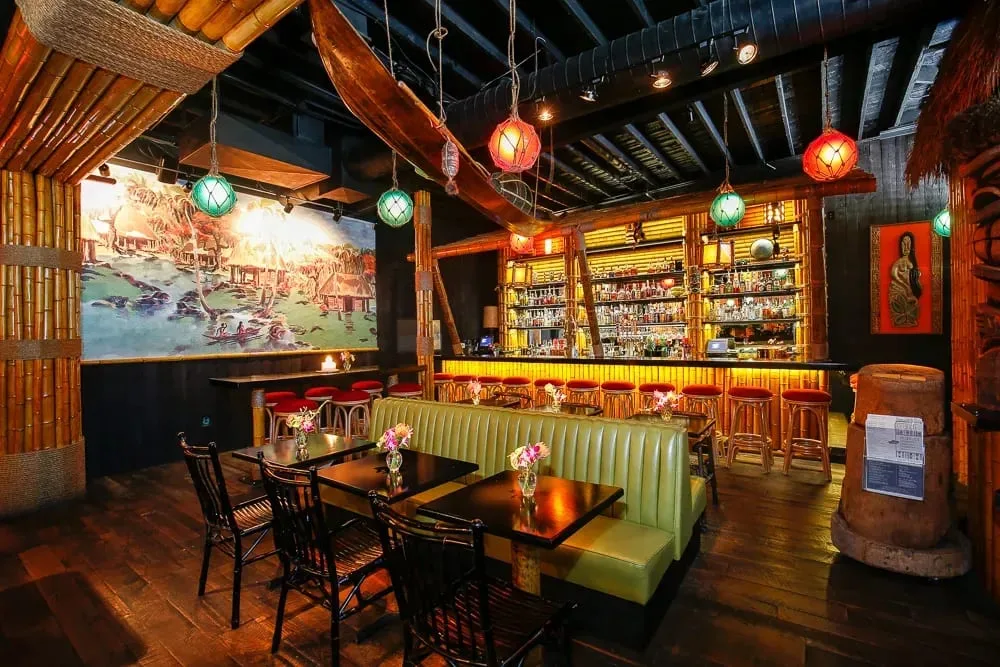 The tropical bar interior at Adrift Tiki Bar in Denver