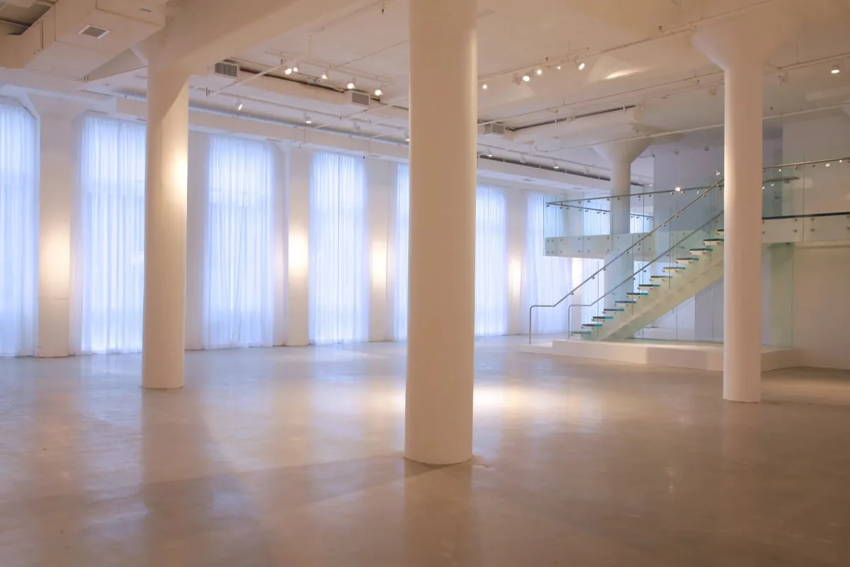 The light-filled open event space and staircase at Chez Event Venue in Chicago